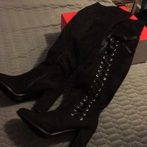 Over the knee boots, lace up outside zip inside